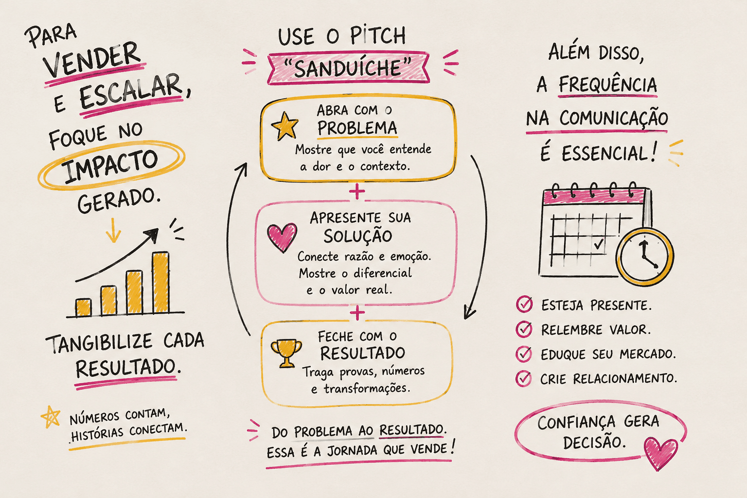 Ilustração em estilo sketchnote apresenta estratégias para vender e escalar: focar no impacto e em resultados mensuráveis, estruturar o pitch entre problema, solução e resultado, combinar razão e emoção e manter frequência na comunicação para gerar confiança e decisão de compra.